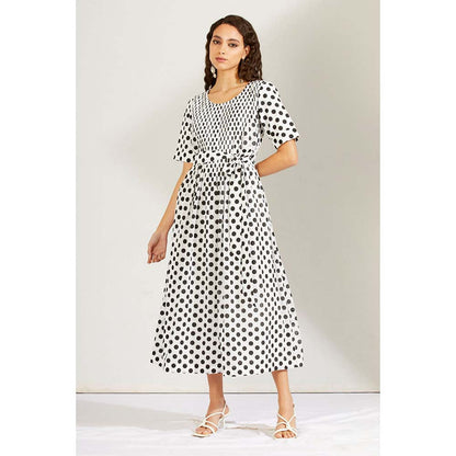 Label Earthen Women Black Polka Dots Midi Dress with Belt (Set of 2)