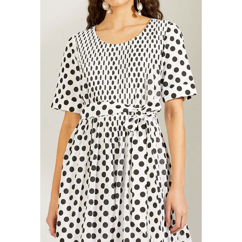 Label Earthen Women Black Polka Dots Midi Dress with Belt (Set of 2)