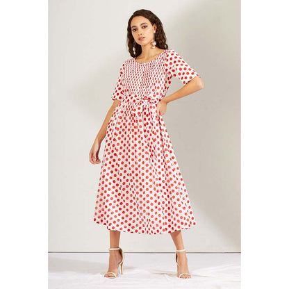 Label Earthen Women Red Polka Dots Midi Dress with Belt (Set of 2)