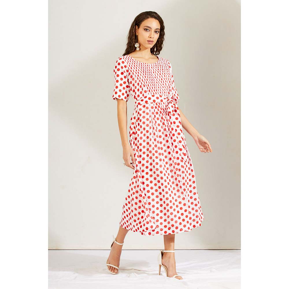 Label Earthen Women Red Polka Dots Midi Dress with Belt (Set of 2)