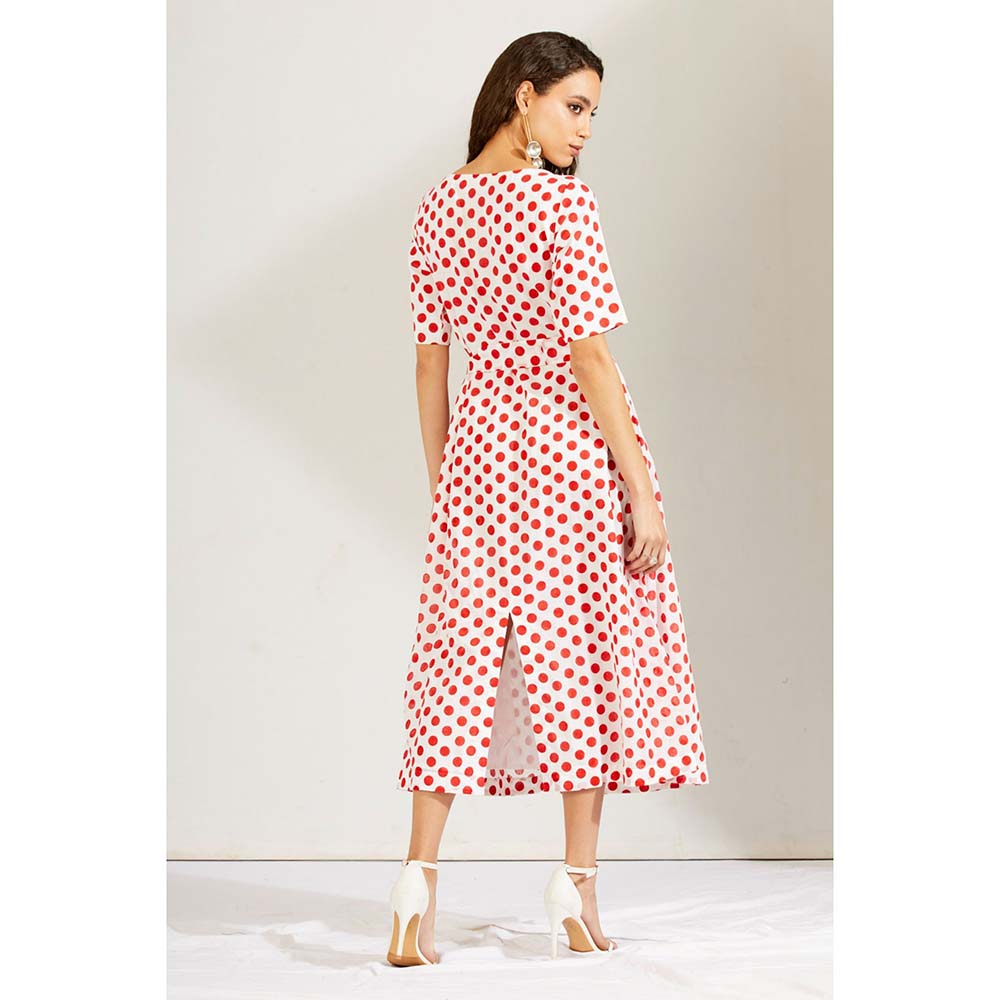 Label Earthen Women Red Polka Dots Midi Dress with Belt (Set of 2)