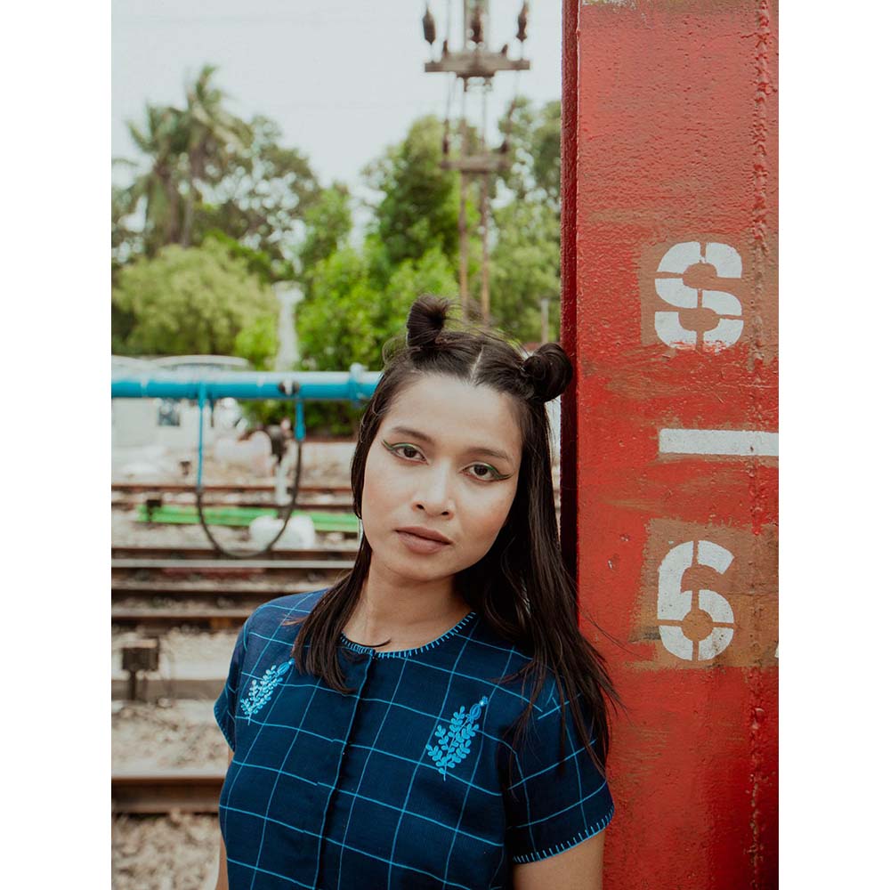 Label Earthen Women Navy Blue Checks Kurta with Palazzo (Set of 2)