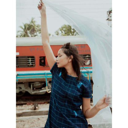 Label Earthen Women Navy Blue Checks Kurta with Palazzo (Set of 2)