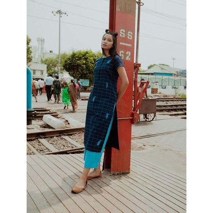 Label Earthen Women Navy Blue Checks Kurta with Palazzo (Set of 2)