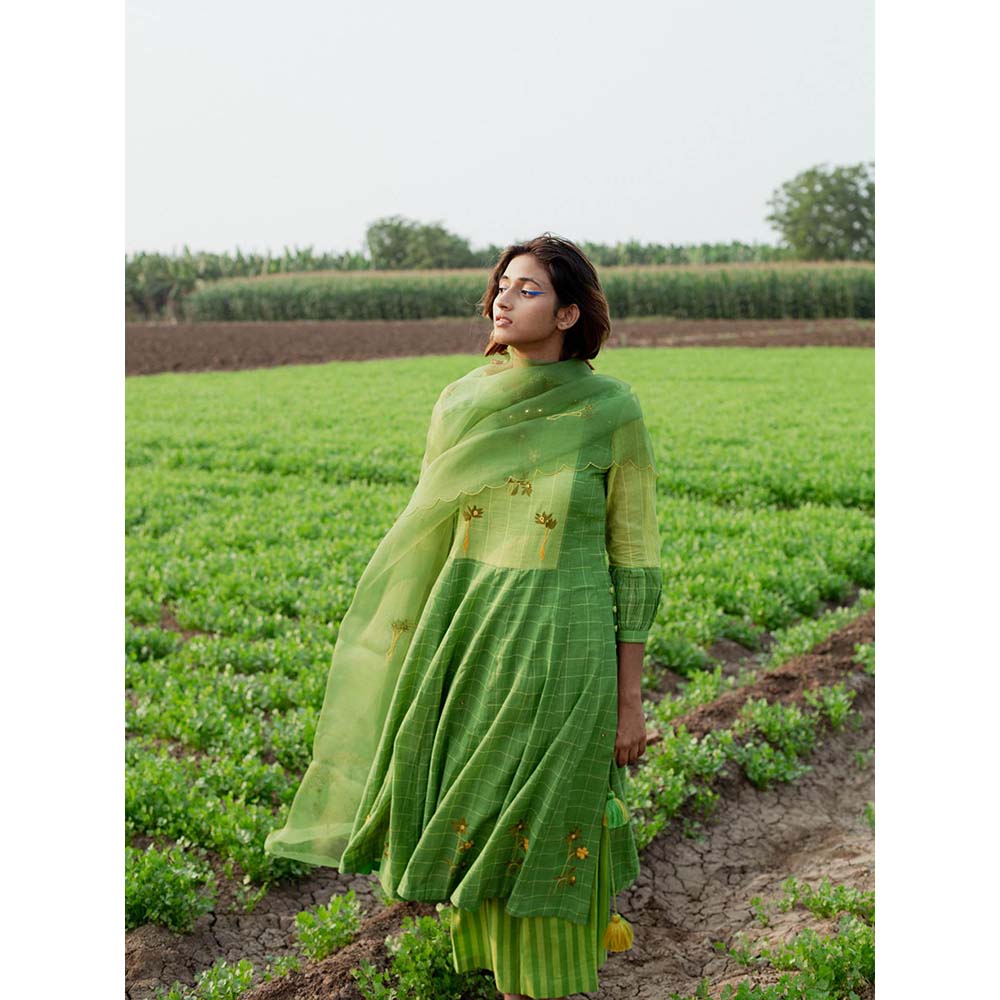 Label Earthen Women Green Checks Kurta with Palazzo (Set of 2)