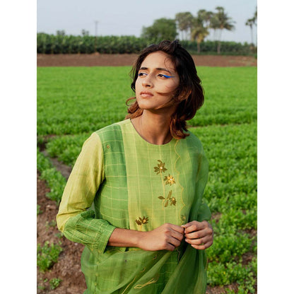 Label Earthen Women Green Checks Kurta with Palazzo (Set of 2)