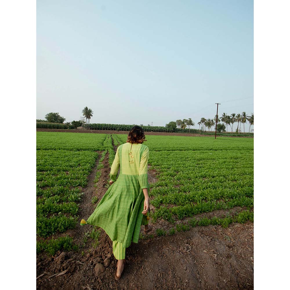 Label Earthen Women Green Checks Kurta with Palazzo (Set of 2)