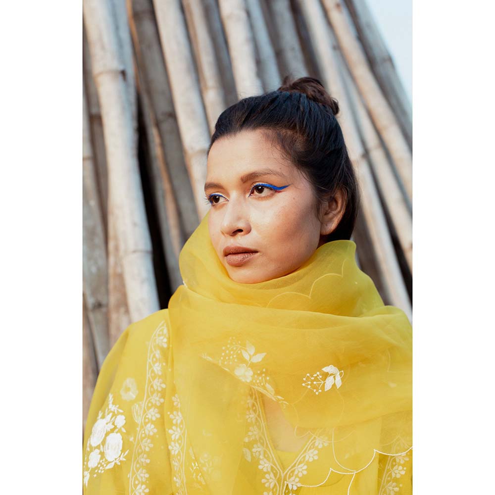 Label Earthen Women Mustard Floral Kurta with Palazzo & Dupatta (Set of 3)