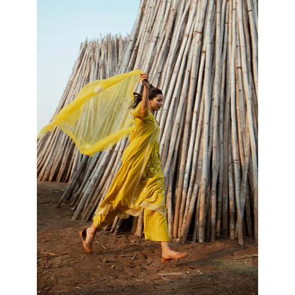 Label Earthen Women Mustard Floral Kurta with Palazzo & Dupatta (Set of 3)