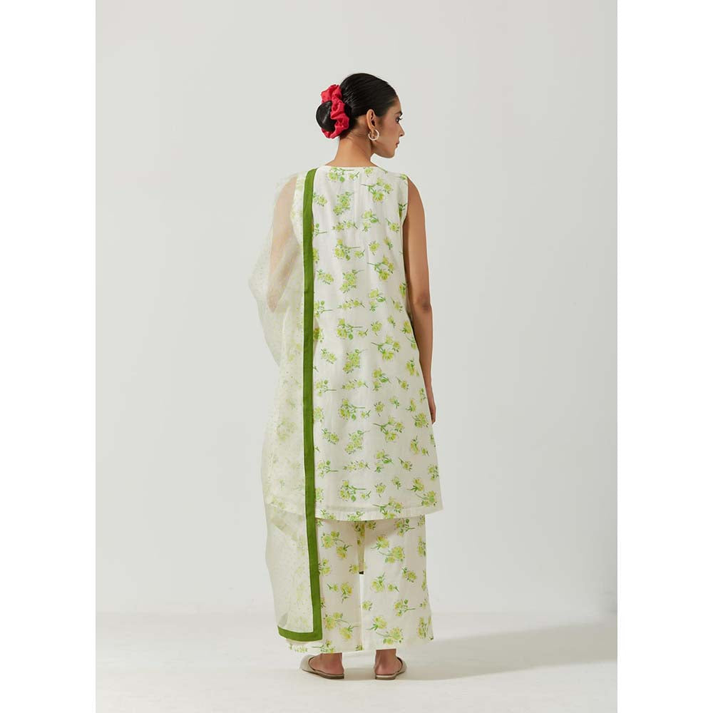 Label Earthen Women White Floral Kurta with Palazzo & Dupatta (Set of 3)