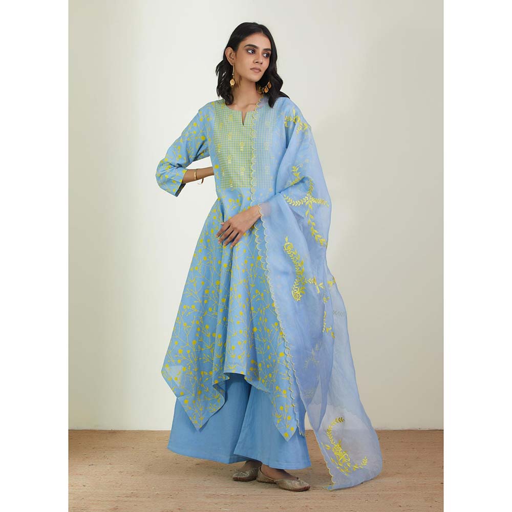 Label Earthen Women Blue Floral Kurta with Palazzo & Dupatta (Set of 3)