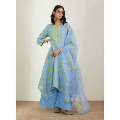 Label Earthen Women Blue Floral Kurta with Palazzo & Dupatta (Set of 3)