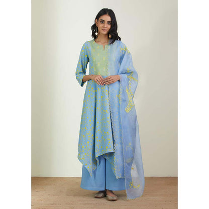 Label Earthen Women Blue Floral Kurta with Palazzo & Dupatta (Set of 3)