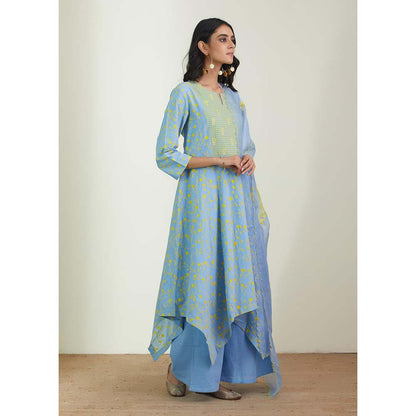 Label Earthen Women Blue Floral Kurta with Palazzo & Dupatta (Set of 3)