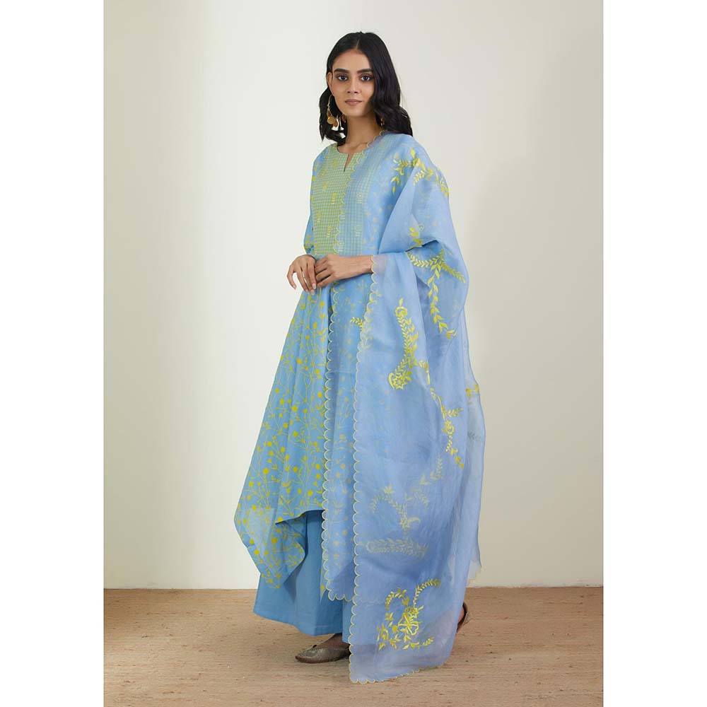 Label Earthen Women Blue Floral Kurta with Palazzo & Dupatta (Set of 3)