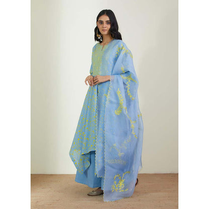 Label Earthen Women Blue Floral Kurta with Palazzo & Dupatta (Set of 3)