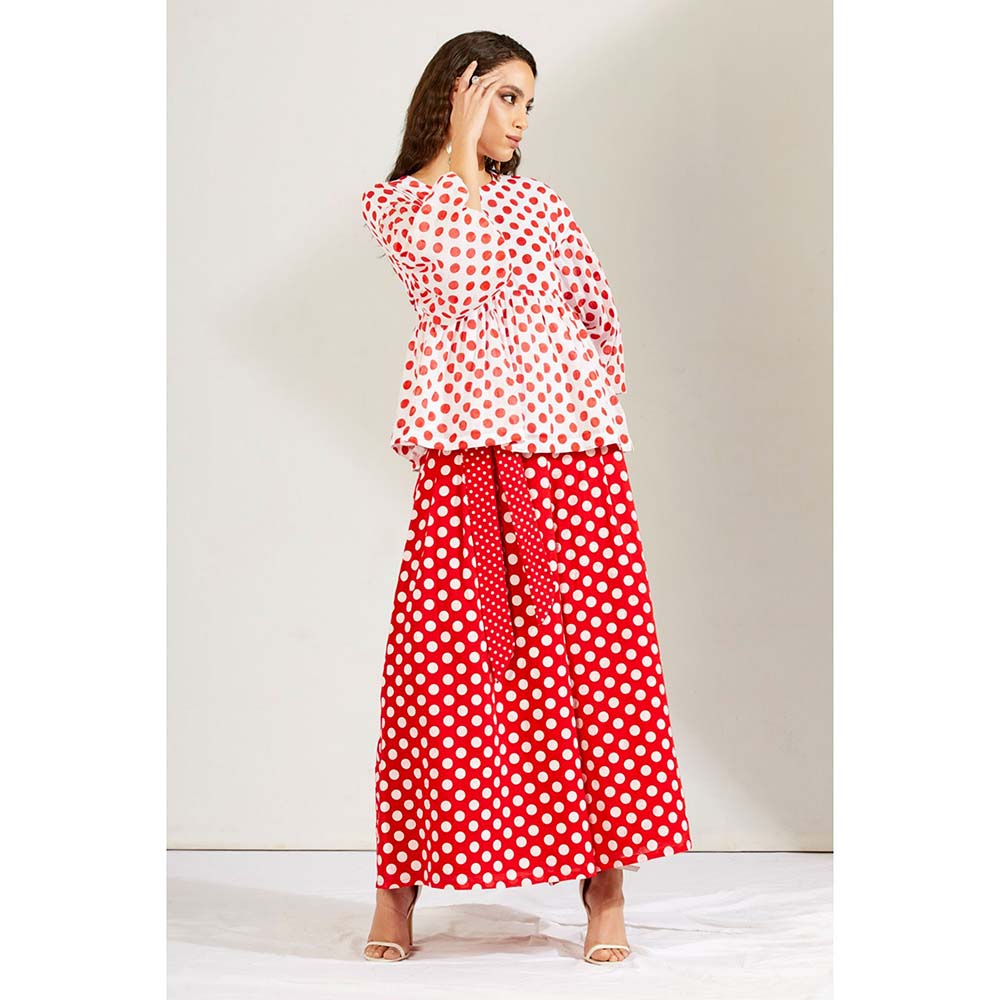 Label Earthen Women Red Polka Dots Top with Palazzo (Set of 2)