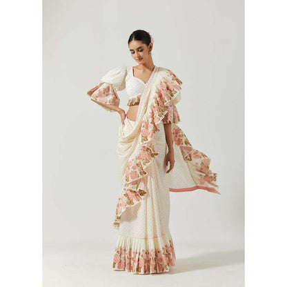 Label Earthen Women White Floral Pre-Draped Saree with Stitched Blouse