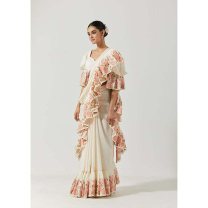 Label Earthen Women White Floral Pre-Draped Saree with Stitched Blouse