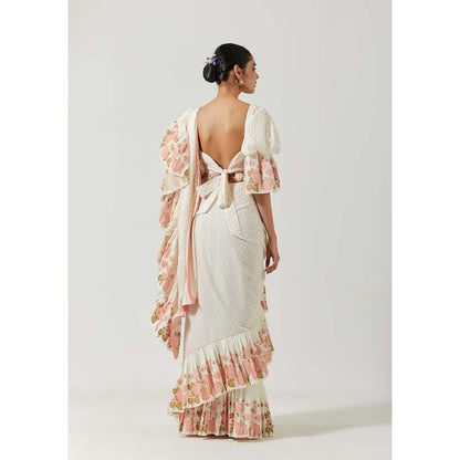 Label Earthen Women White Floral Pre-Draped Saree with Stitched Blouse
