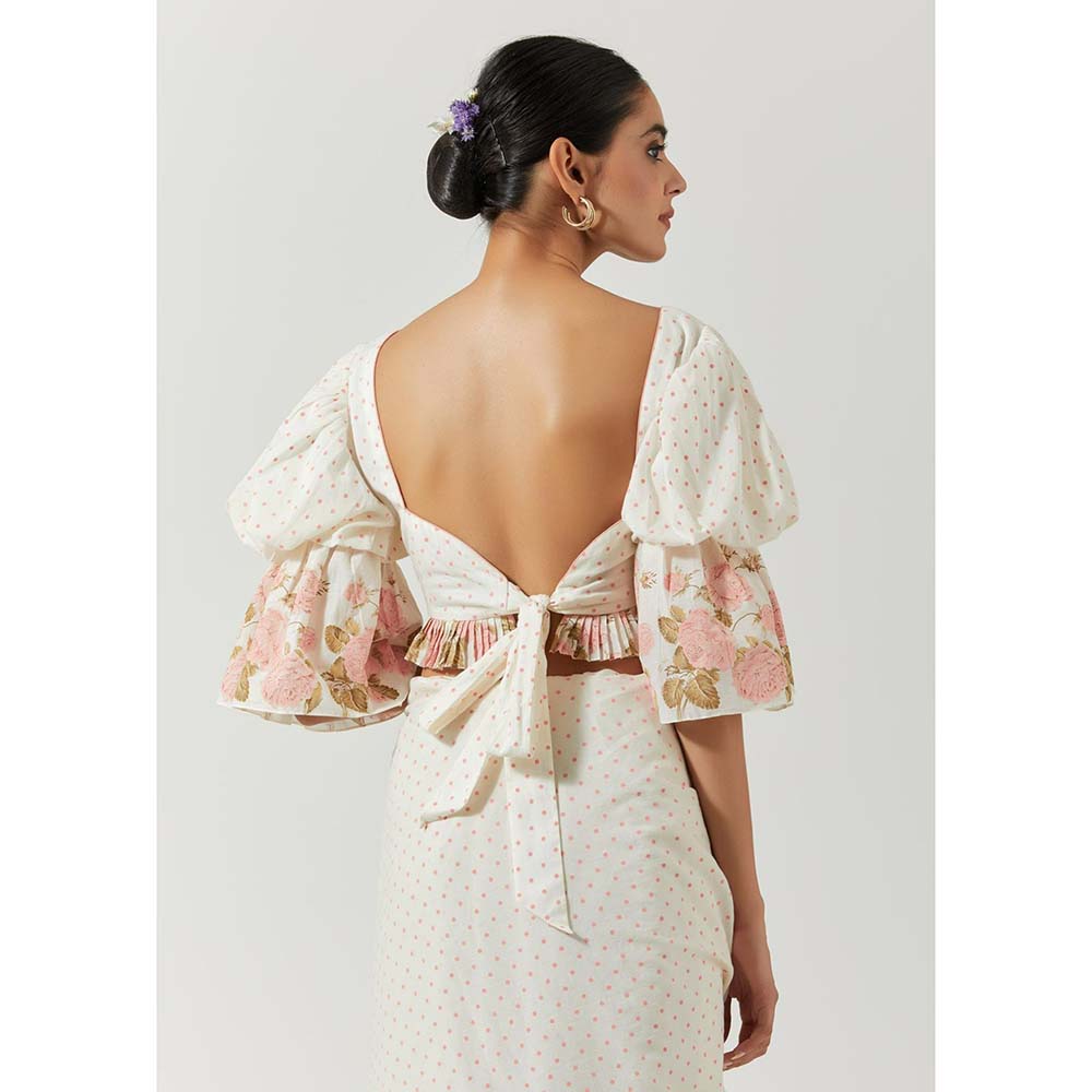 Label Earthen Women White Floral Pre-Draped Saree with Stitched Blouse