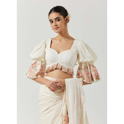 Label Earthen Women White Floral Pre-Draped Saree with Stitched Blouse