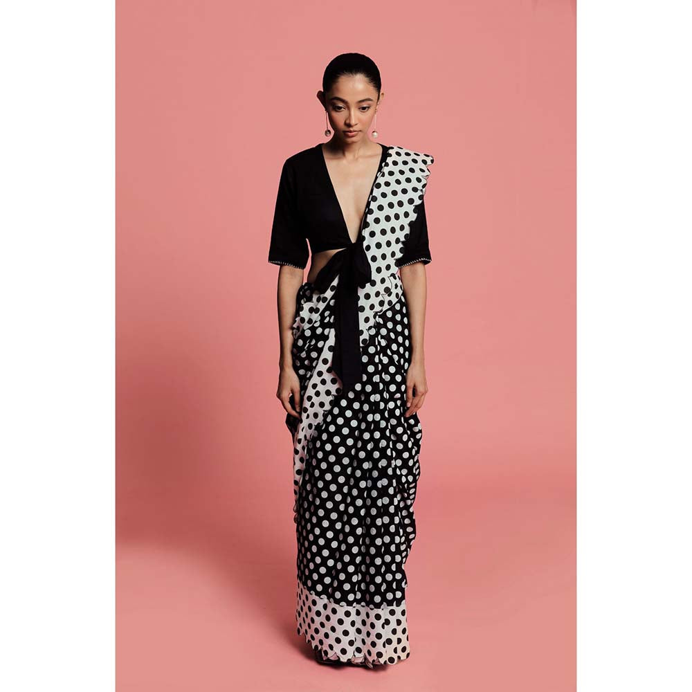 Label Earthen Women White Polka Dots Saree with Stitched Blouse