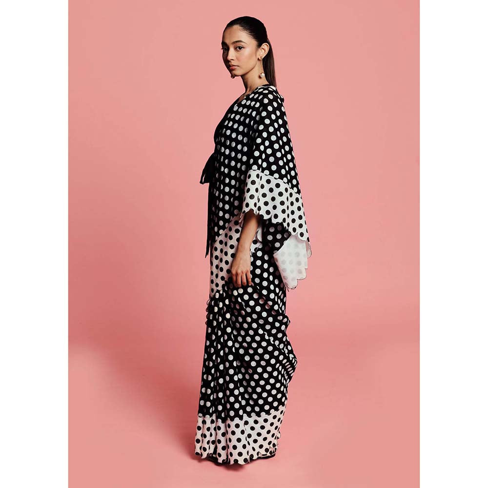 Label Earthen Women White Polka Dots Saree with Stitched Blouse