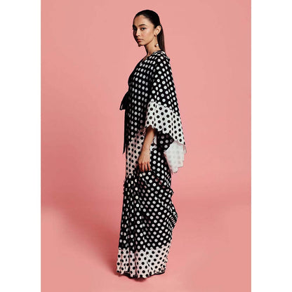 Label Earthen Women White Polka Dots Saree with Stitched Blouse