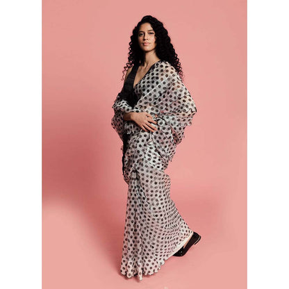Label Earthen Women Black Polka Dots Saree with Stitched Blouse