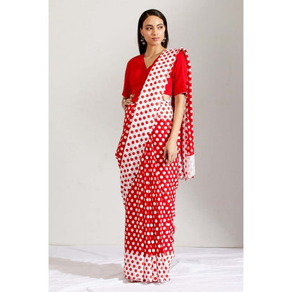 Label Earthen Women Red Polka Dots Saree with Stitched Blouse