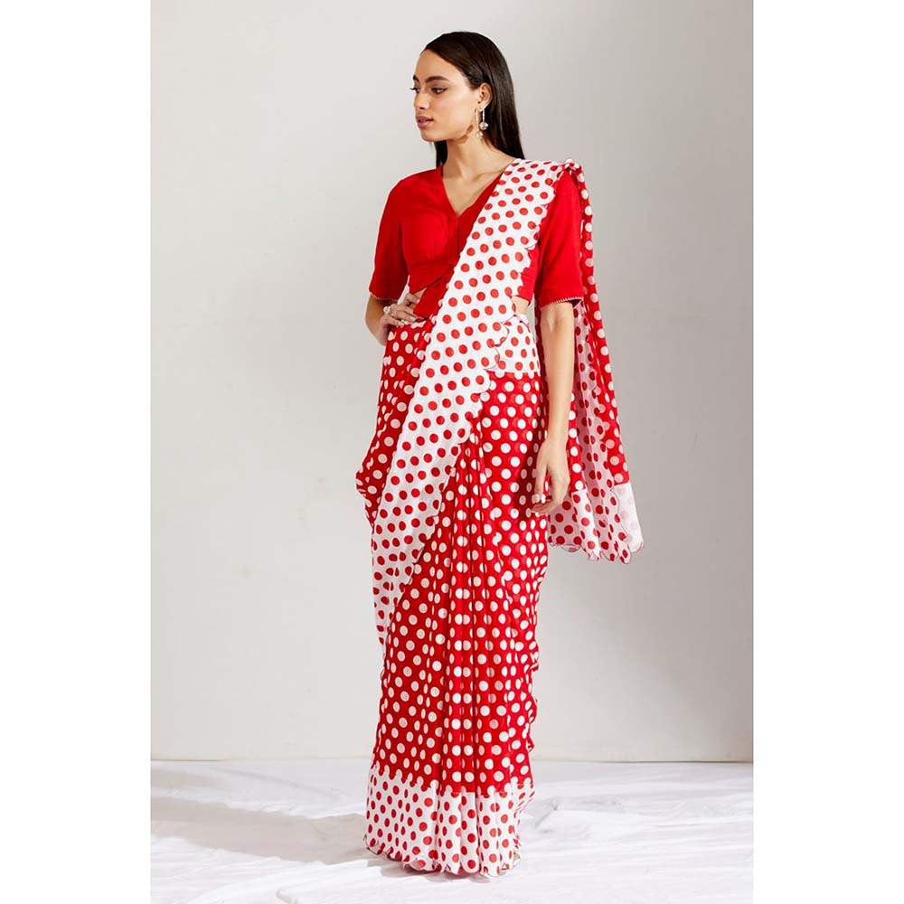 Label Earthen Women Red Polka Dots Saree with Stitched Blouse