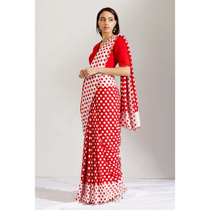 Label Earthen Women Red Polka Dots Saree with Stitched Blouse