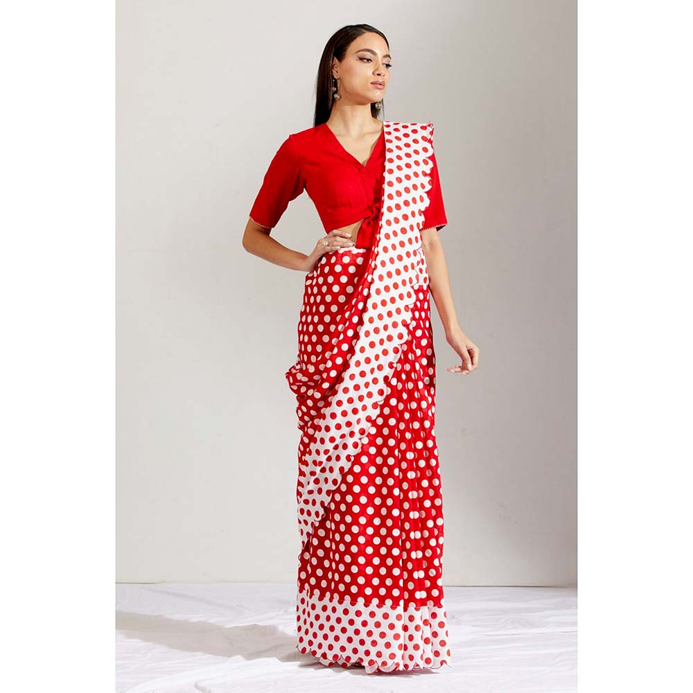 Label Earthen Women Red Polka Dots Saree with Stitched Blouse