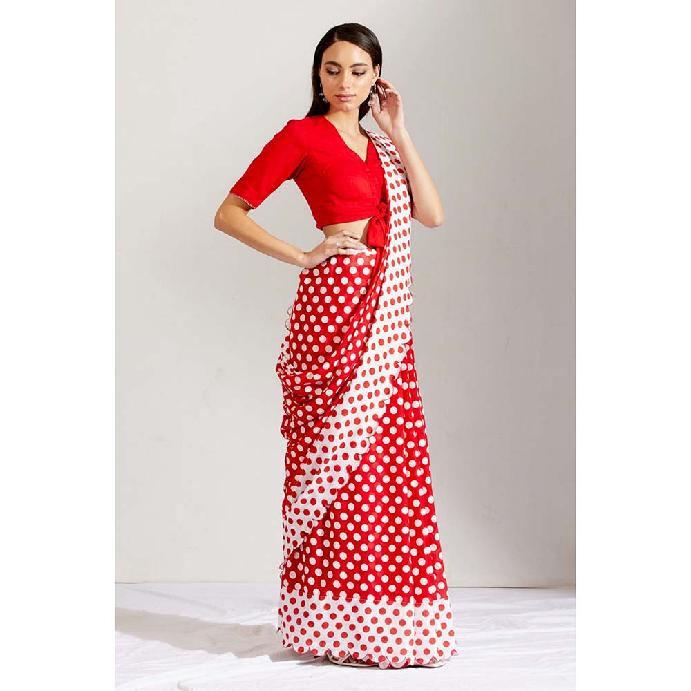 Label Earthen Women Red Polka Dots Saree with Stitched Blouse