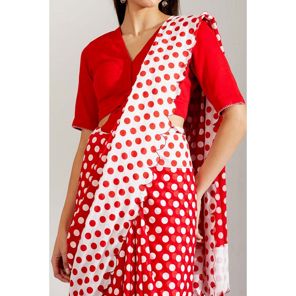 Label Earthen Women Red Polka Dots Saree with Stitched Blouse