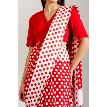 Label Earthen Women Red Polka Dots Saree with Stitched Blouse