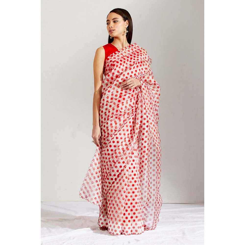 Label Earthen Women Red Polka Dots Saree with Stitched Blouse