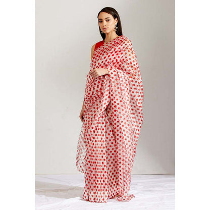 Label Earthen Women Red Polka Dots Saree with Stitched Blouse