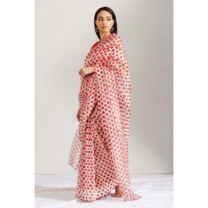 Label Earthen Women Red Polka Dots Saree with Stitched Blouse