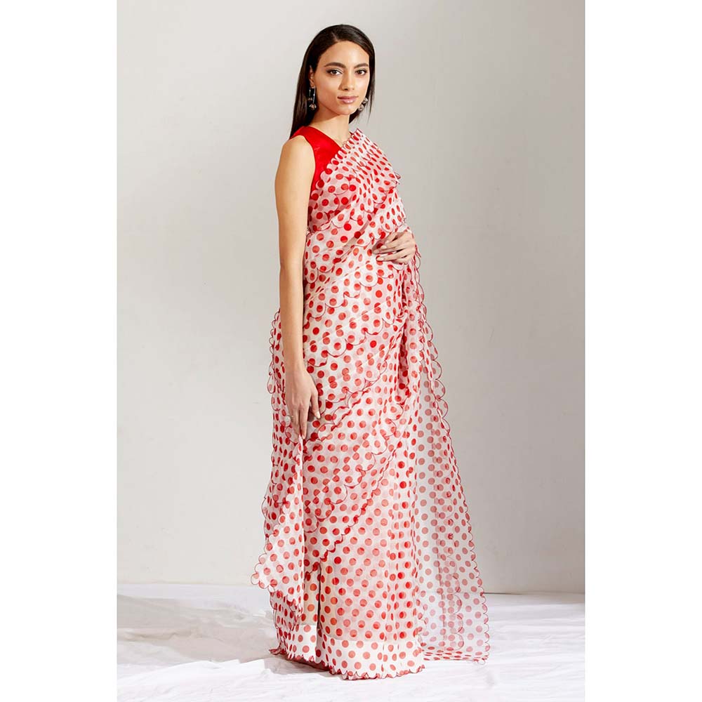 Label Earthen Women Red Polka Dots Saree with Stitched Blouse