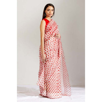 Label Earthen Women Red Polka Dots Saree with Stitched Blouse