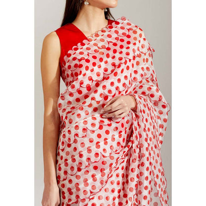 Label Earthen Women Red Polka Dots Saree with Stitched Blouse