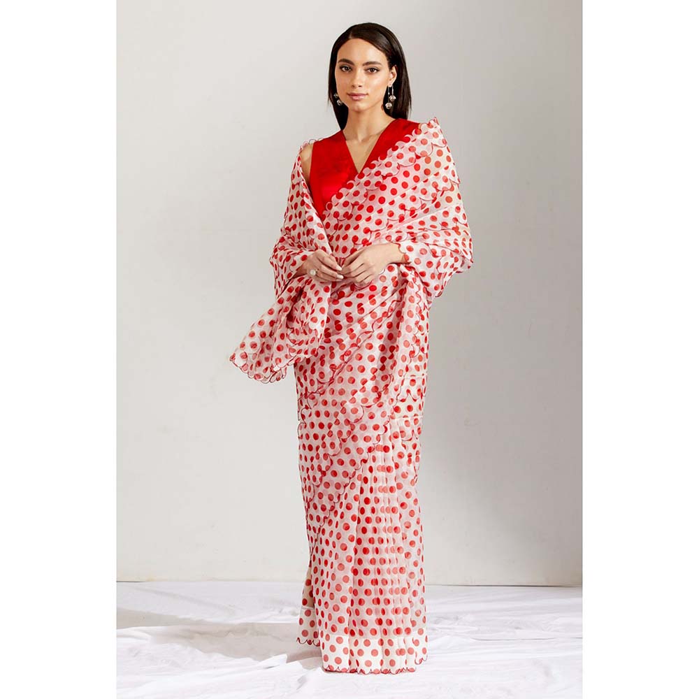 Label Earthen Women Red Polka Dots Saree with Stitched Blouse
