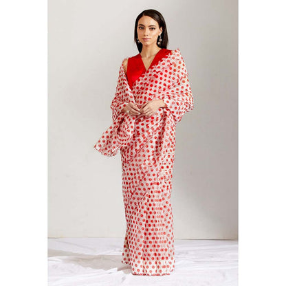 Label Earthen Women Red Polka Dots Saree with Stitched Blouse