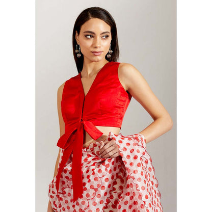 Label Earthen Women Red Polka Dots Saree with Stitched Blouse