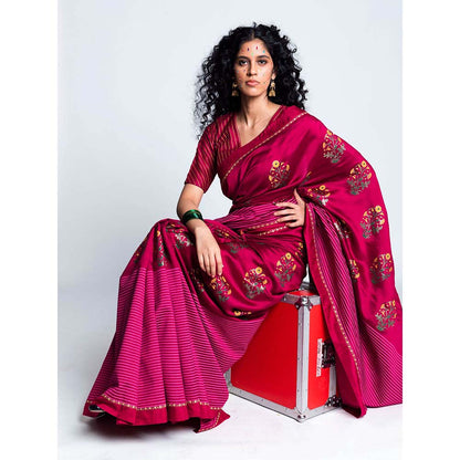 Label Earthen Women Stripes Saree with Stitched Blouse