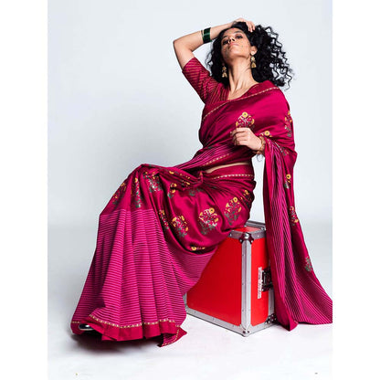 Label Earthen Women Stripes Saree with Stitched Blouse