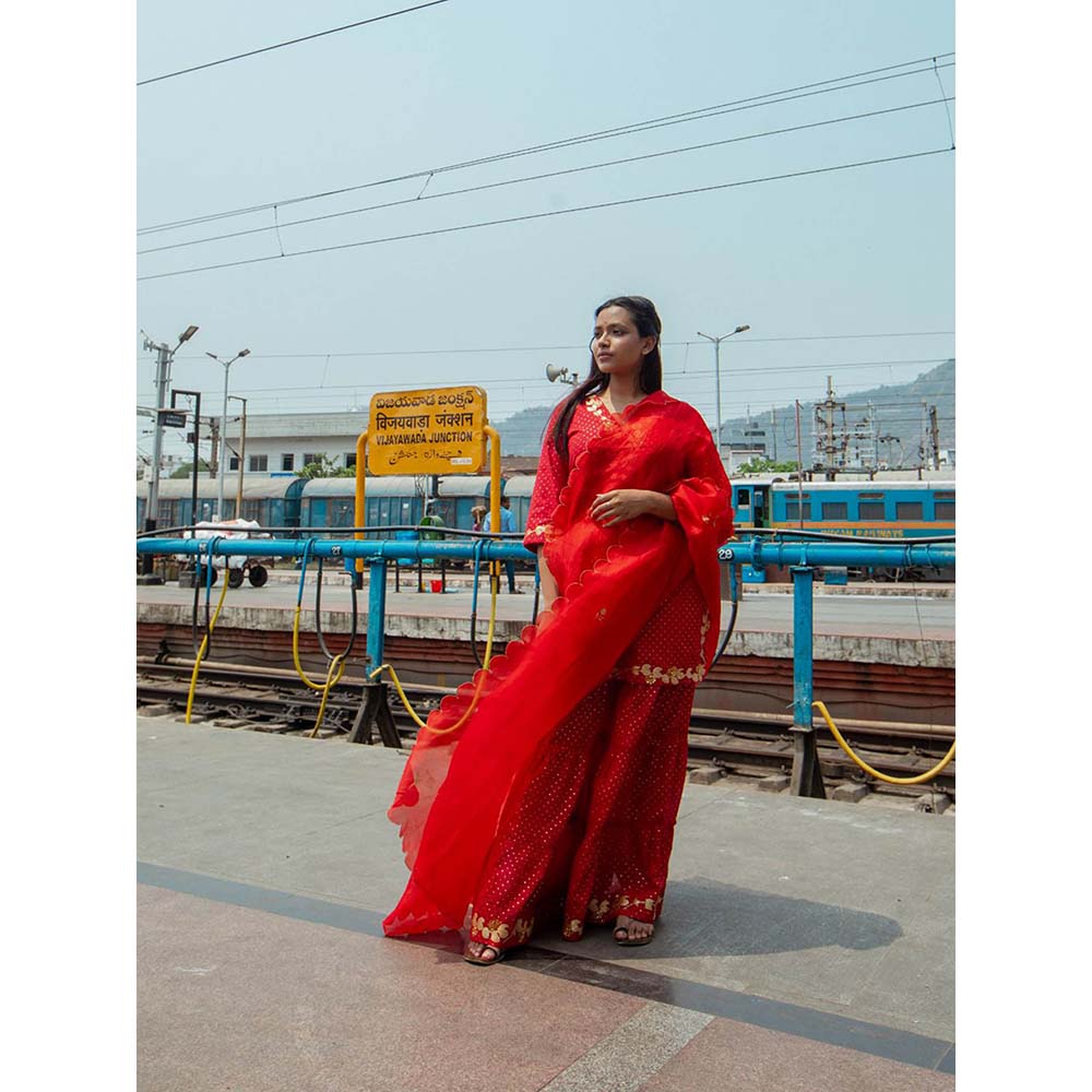 Label Earthen Women Red Embroidered Kurta with Sharara & Dupatta (Set of 3)