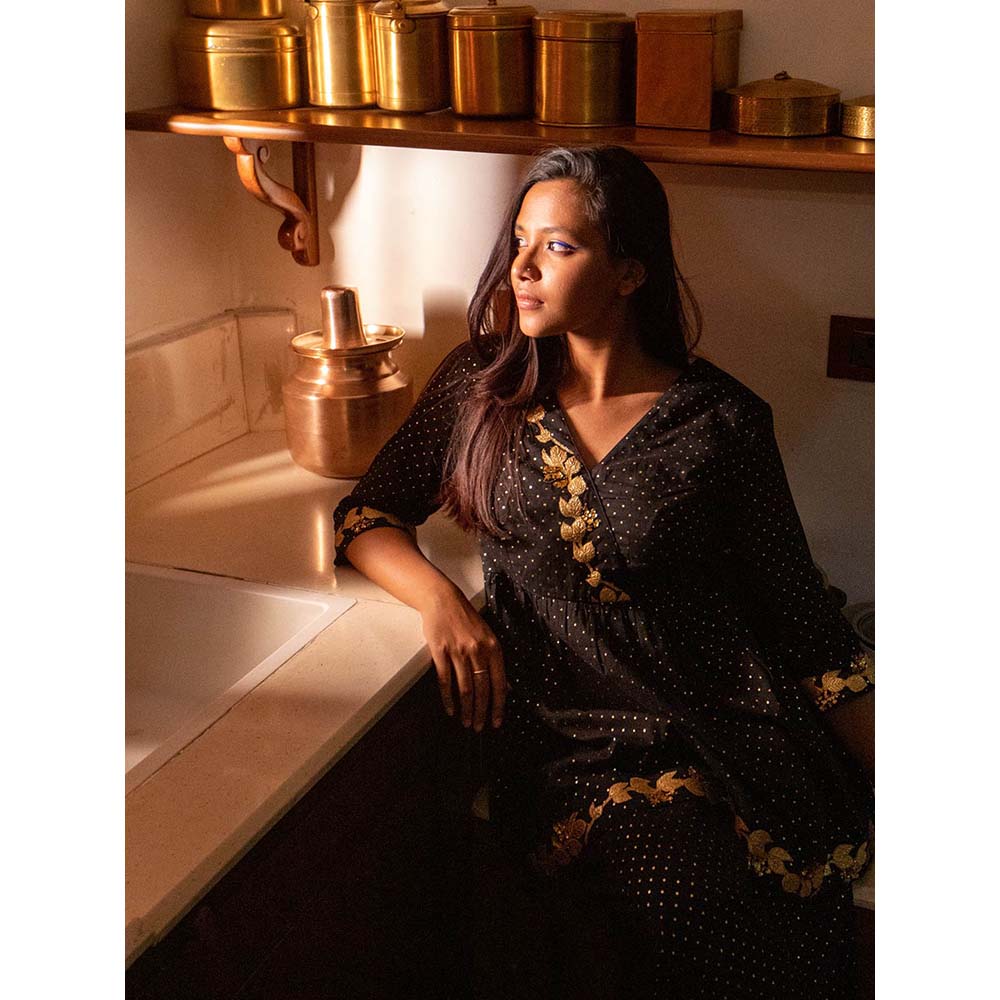 Label Earthen Women Black Embroidered Kurta with Sharara & Dupatta (Set of 3)